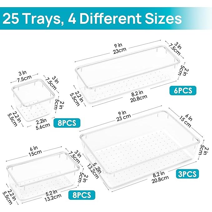 25 Pcs Clear Plastic Drawer Organizers Set