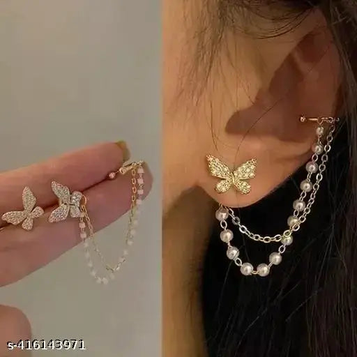 TheVineGirl Gold-Plated Fashionable Korean Butterfly Pearl Mismatch Earrings (2pcs)