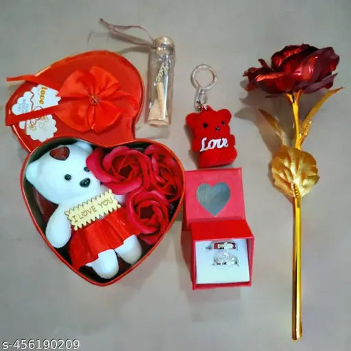 Forever Love Gift Box - Complete Set with Teddy, Roses, Keychain & Golden Rose