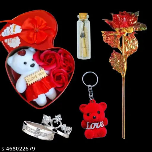 "Color-Changing Golden Rose | Heart Box with 'I Love You' Teddy | Red Roses | Couple Rings | Love Keychain | Message Scroll Bottle"