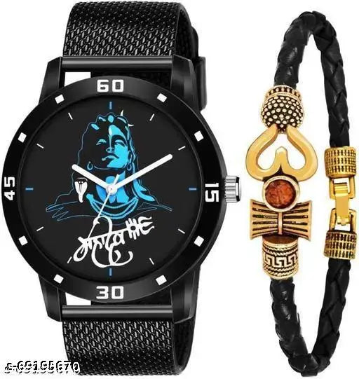 MAHADEV+BLACK LEATHER OM KADA 583-J-42 Dial Analog Black Rubbers Strap With Mahadev