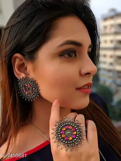 Beautiful Oxidized Earrings with Ring