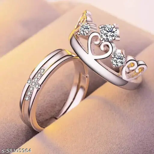 Silver Plated Adjustable King Crown Queen Couple Finger Ring Metal Cubic Zirconia Rhodium Plated Ring Set