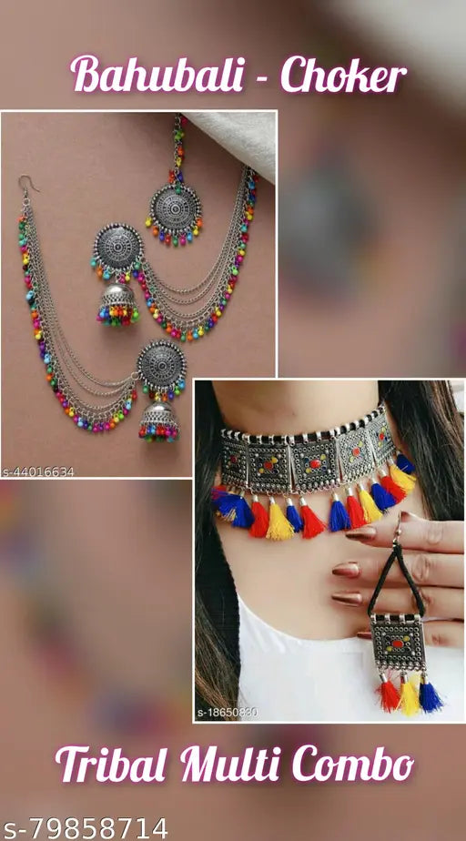 Feminine Fancy Combo Set, Bahubali and Choker Jewellery Set For Girls and Women. (Multicolor)