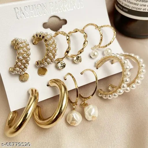 Vembley Combo Of  9 Pair Stunning Gold Plated Pearl Hoop , Drop, Tiny and Studs Earrings for Women & Girls