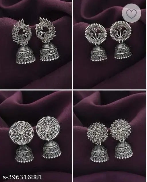 '' Silver Plated Earrings Set Combo of 4 Silver Color Earrings | Girls' and Women's Wear Accessories Gift Set for Special Occasions Wedding and Engagement Accessories  |Modern Jhumki Earrings Combo