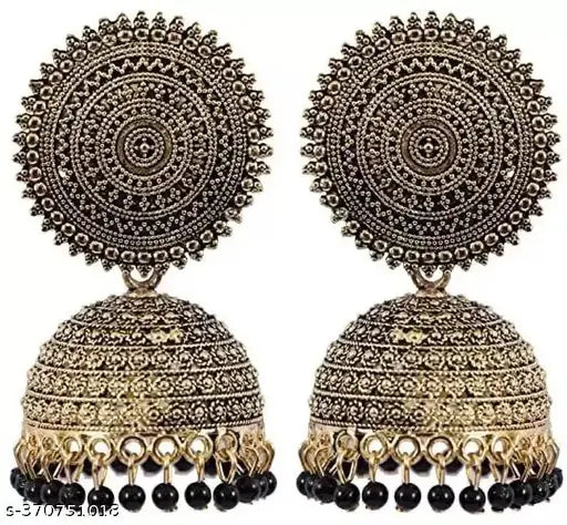 K-11 Big Size Fancy Pearl Attached  Golden Black Color Oxidised Kundan Jhumka For Women and Girls