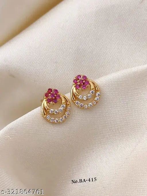 Gold Plated American Diamond Studded Classic Stud Earrings for Girls & Women